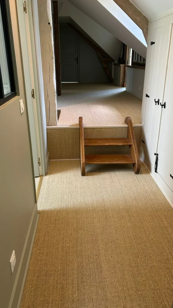 Couloir sous combles avec revêtement de sol en fibres naturelles