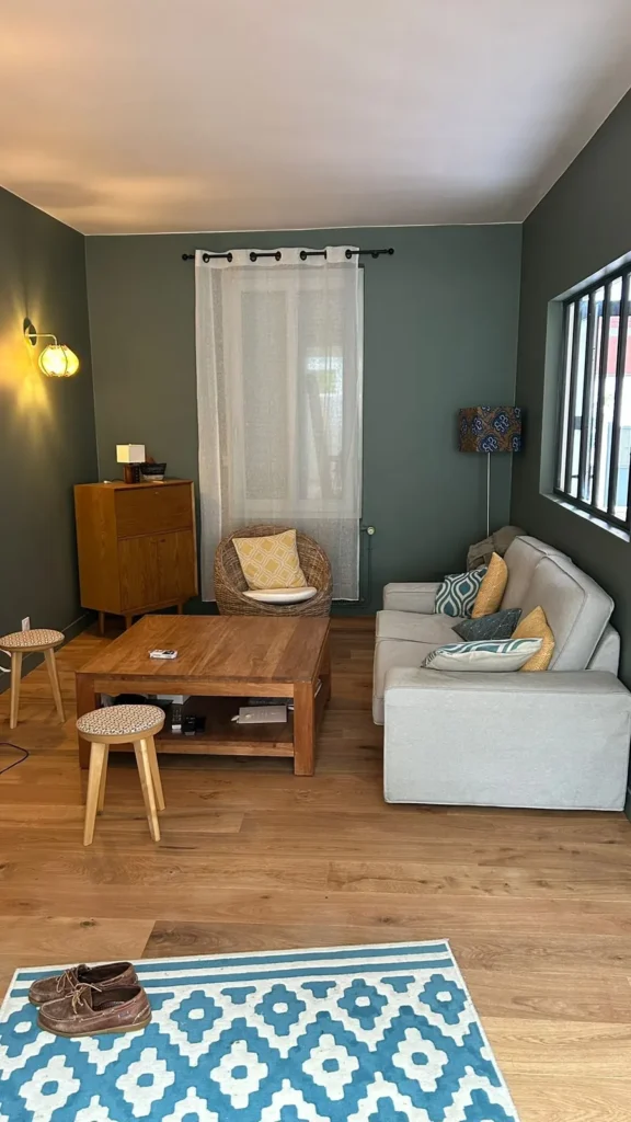 Salon aux murs vert sauge avec parquet et tapis